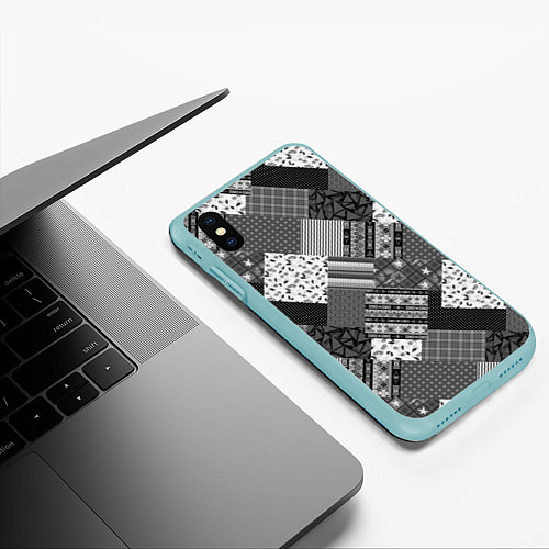 Чехол iPhone XS Max матовый Черно белый лоскутный узор / 3D-Мятный – фото 3