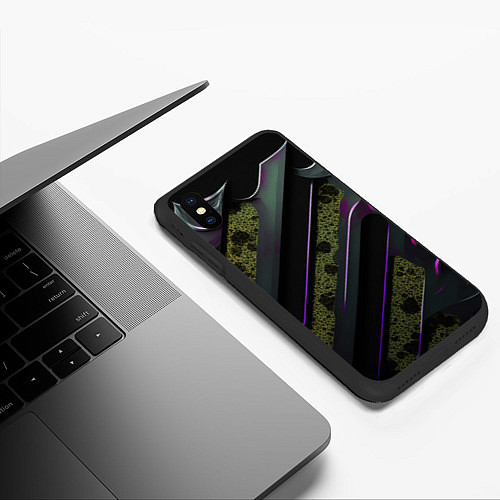 Чехол iPhone XS Max матовый Фиолетовые и зеленые вставки / 3D-Черный – фото 3