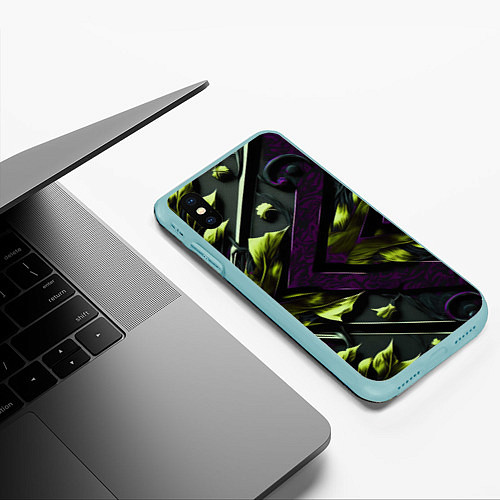 Чехол iPhone XS Max матовый Зеленые листья и фиолетовые вставки / 3D-Мятный – фото 3