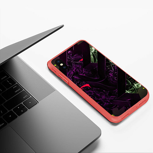 Чехол iPhone XS Max матовый Фиолетовая текстура с зелеными вставками / 3D-Красный – фото 3
