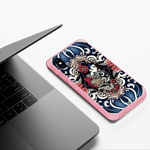 Чехол iPhone XS Max матовый Irezumi style: девушка и синие узоры / 3D-Баблгам – фото 3