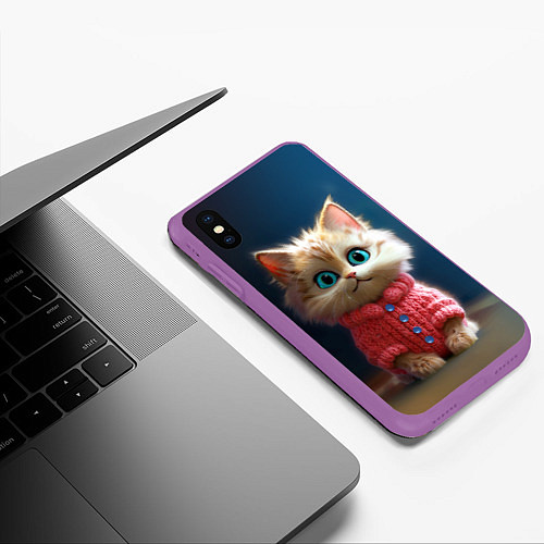 Чехол iPhone XS Max матовый Котик в розовом свитере / 3D-Фиолетовый – фото 3