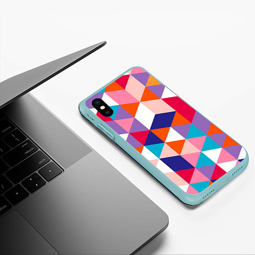 Чехол iPhone XS Max матовый Ромбический разноцветный паттерн / 3D-Мятный – фото 3