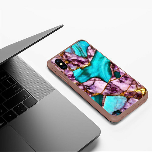 Чехол iPhone XS Max матовый Рисунок текстуры синего и фиолетового мрамора / 3D-Коричневый – фото 3