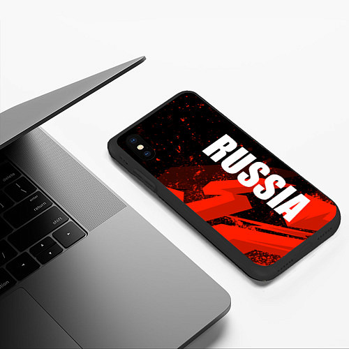 Чехол iPhone XS Max матовый Russia - белая надпись на красных брызгах / 3D-Черный – фото 3