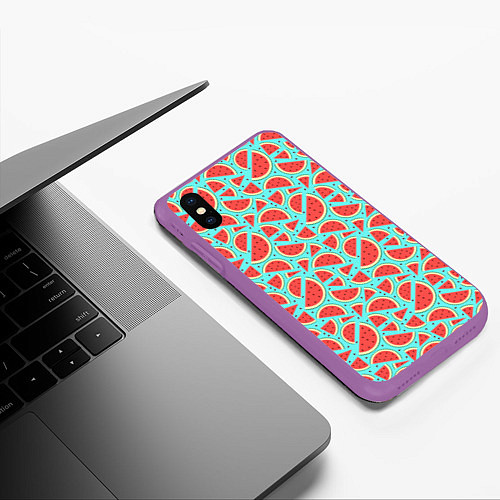 Чехол iPhone XS Max матовый Летний паттерн с арбузами / 3D-Фиолетовый – фото 3