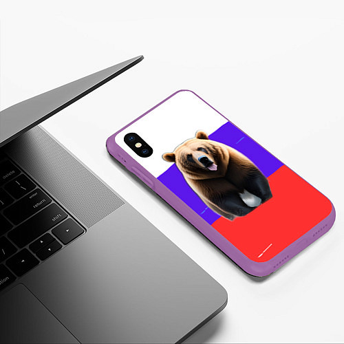 Чехол iPhone XS Max матовый Медведь на флаге / 3D-Фиолетовый – фото 3