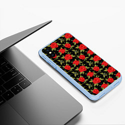 Чехол iPhone XS Max матовый Красные розы паттерн, цвет: 3D-голубой — фото 2