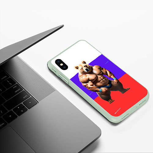 Чехол iPhone XS Max матовый Накаченный медведь на Российском флаге / 3D-Салатовый – фото 3