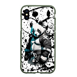 Чехол iPhone XS Max матовый Panda samurai on the background of blots, цвет: 3D-темно-зеленый