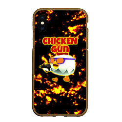 Чехол iPhone XS Max матовый Chicken Gun на фоне огня, цвет: 3D-коричневый