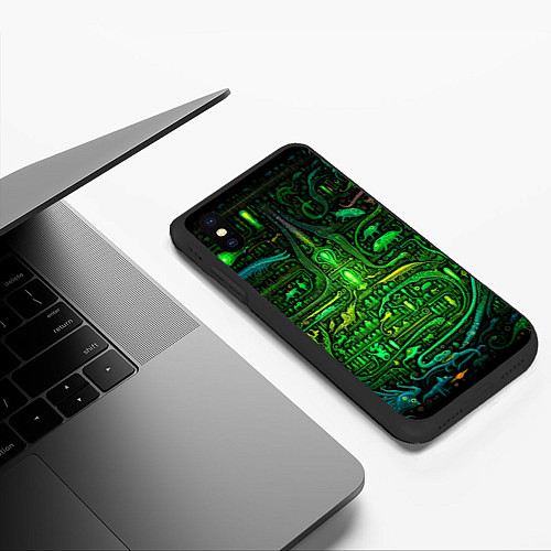 Чехол iPhone XS Max матовый Психоделика в зеленом - нейронная сеть / 3D-Черный – фото 3