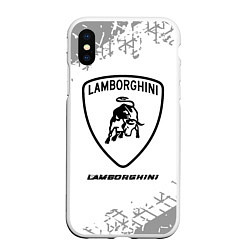 Чехол iPhone XS Max матовый Lamborghini speed на светлом фоне со следами шин, цвет: 3D-белый