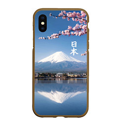 Чехол iPhone XS Max матовый Цветущая сакура на фоне Фудзиямы - Япония, цвет: 3D-коричневый