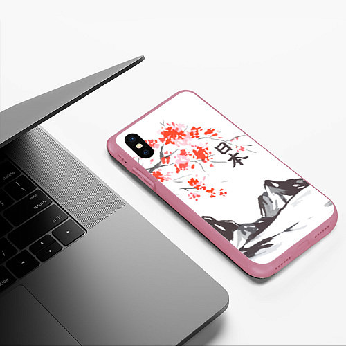 Чехол iPhone XS Max матовый Цветущая сакура и солнце - Япония / 3D-Малиновый – фото 3