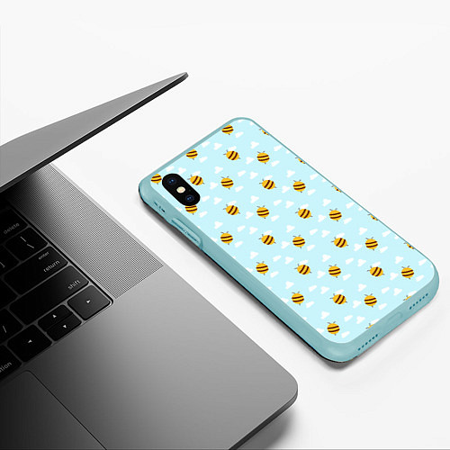 Чехол iPhone XS Max матовый Паттерн облака и пчелы / 3D-Мятный – фото 3