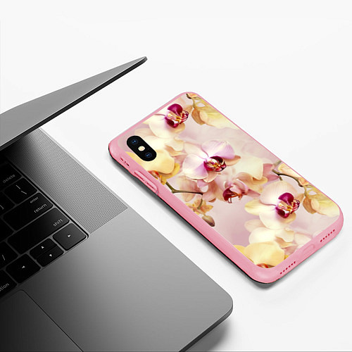 Чехол iPhone XS Max матовый Желтые и нежно-розовые орхидеи - паттерн / 3D-Баблгам – фото 3
