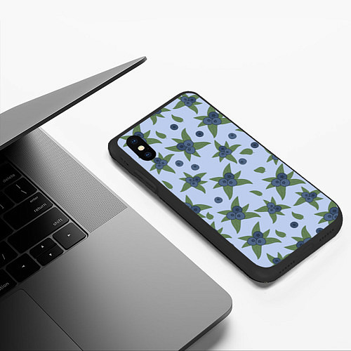Чехол iPhone XS Max матовый Ягода - голубика на листьях / 3D-Черный – фото 3