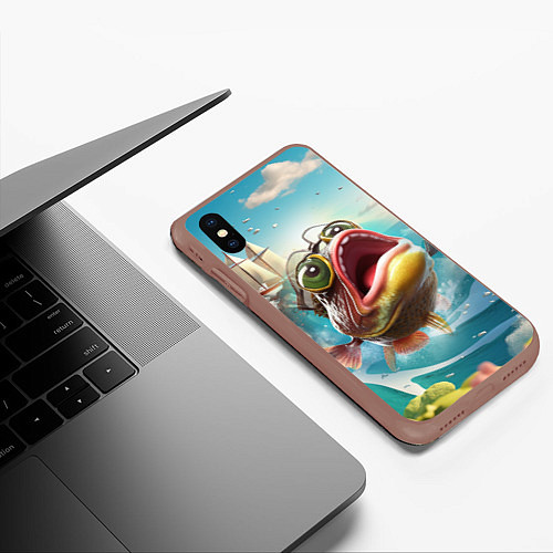 Чехол iPhone XS Max матовый Большой карп выпрыгивает из воды / 3D-Коричневый – фото 3