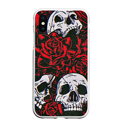 Чехол iPhone XS Max матовый Красные розы и черепа, цвет: 3D-белый