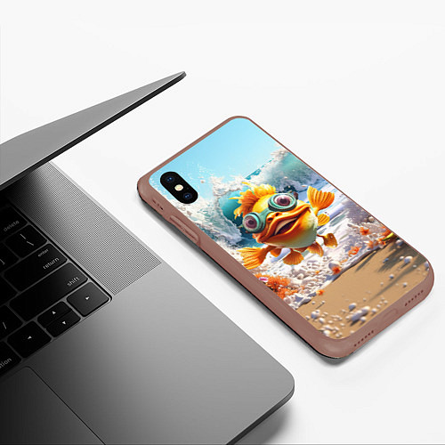 Чехол iPhone XS Max матовый Веселая рыбка в очках / 3D-Коричневый – фото 3