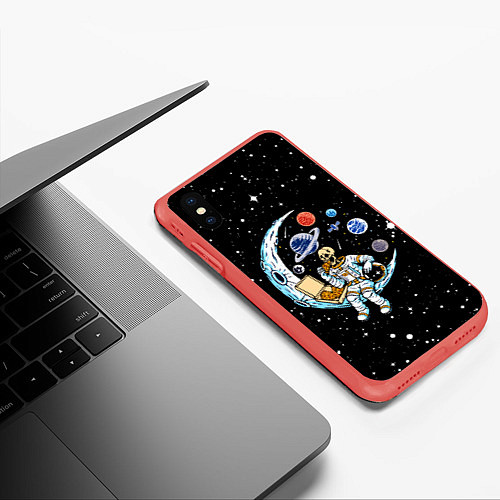 Чехол iPhone XS Max матовый Skeleton astronaut eats pizza while sitting on the / 3D-Красный – фото 3
