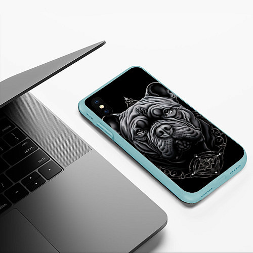 Чехол iPhone XS Max матовый Морда бульдога стиль тату / 3D-Мятный – фото 3