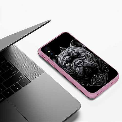 Чехол iPhone XS Max матовый Морда бульдога стиль тату / 3D-Розовый – фото 3