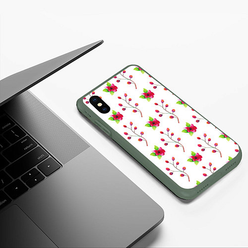 Чехол iPhone XS Max матовый Red flowers / 3D-Темно-зеленый – фото 3