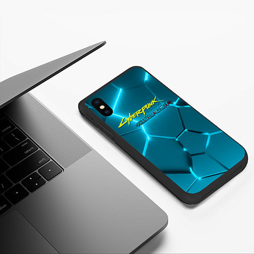 Чехол iPhone XS Max матовый Cyberpunk 2077 phantom liberty blue logo / 3D-Черный – фото 3