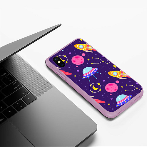 Чехол iPhone XS Max матовый Космическая тема паттерн / 3D-Сиреневый – фото 3