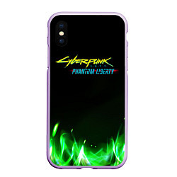 Чехол iPhone XS Max матовый Cyberpunk 2077 phantom liberty green fire logo, цвет: 3D-сиреневый