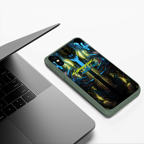 Чехол iPhone XS Max матовый Киберпанк 2077 призрачная свобода желтый неон / 3D-Темно-зеленый – фото 3