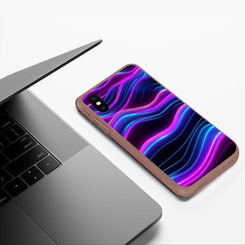 Чехол iPhone XS Max матовый Фиолетовые неоновые волны / 3D-Коричневый – фото 3