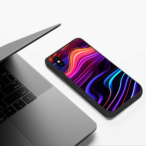 Чехол iPhone XS Max матовый Неоновые волны / 3D-Черный – фото 3