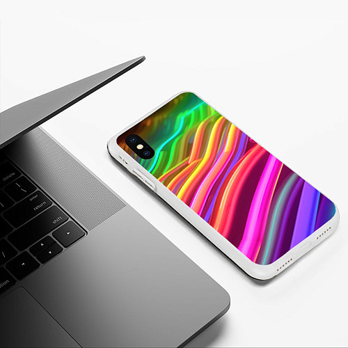 Чехол iPhone XS Max матовый Неоновые радужные волны / 3D-Белый – фото 3