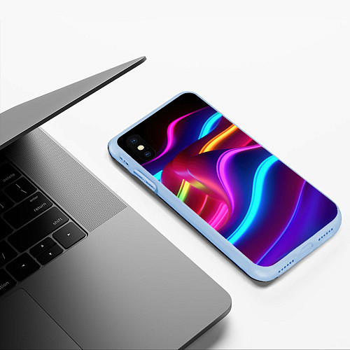 Чехол iPhone XS Max матовый Неоновые волны фиолетового оттенка / 3D-Голубой – фото 3