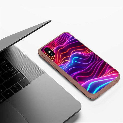 Чехол iPhone XS Max матовый Цветные неоновые волны / 3D-Коричневый – фото 3