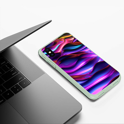 Чехол iPhone XS Max матовый Неоновые синие и фиолетовые волны / 3D-Салатовый – фото 3