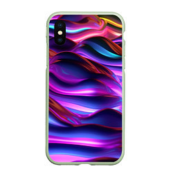 Чехол iPhone XS Max матовый Неоновые синие и фиолетовые волны, цвет: 3D-салатовый