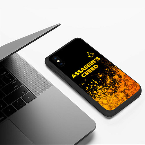 Чехол iPhone XS Max матовый Assassins Creed - gold gradient: символ сверху / 3D-Черный – фото 3