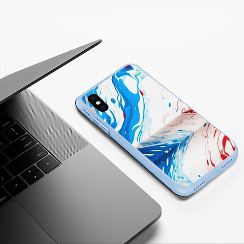 Чехол iPhone XS Max матовый Белые синие красные брызги / 3D-Голубой – фото 3