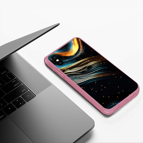 Чехол iPhone XS Max матовый Золотые волны на черном фоне / 3D-Малиновый – фото 3