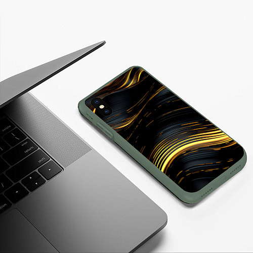 Чехол iPhone XS Max матовый Золотые волны на черном фоне / 3D-Темно-зеленый – фото 3