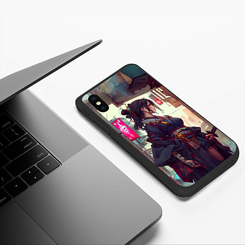 Чехол iPhone XS Max матовый Кибер самурай девушка / 3D-Черный – фото 3