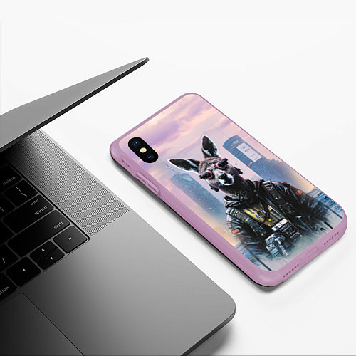 Чехол iPhone XS Max матовый Кенгуру в стиле киберпанк на фоне мегаполиса / 3D-Сиреневый – фото 3