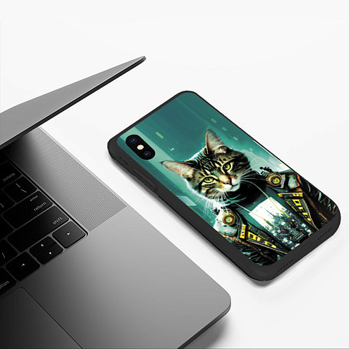 Чехол iPhone XS Max матовый Funny cat on the background of skyscrapers / 3D-Черный – фото 3