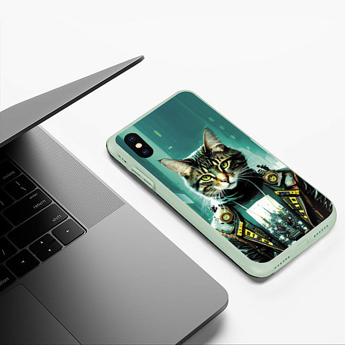 Чехол iPhone XS Max матовый Funny cat on the background of skyscrapers / 3D-Салатовый – фото 3