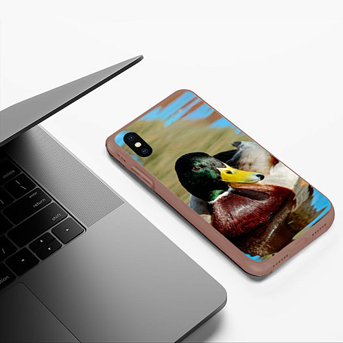 Чехол iPhone XS Max матовый Утка Кряква - селезень / 3D-Коричневый – фото 3