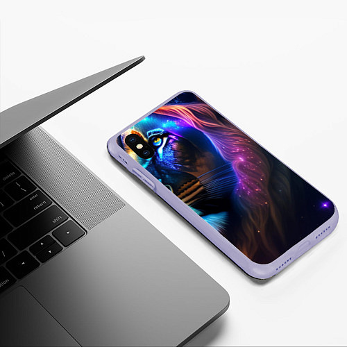 Чехол iPhone XS Max матовый Лев с радужной гривой и голубыми глазами / 3D-Светло-сиреневый – фото 3